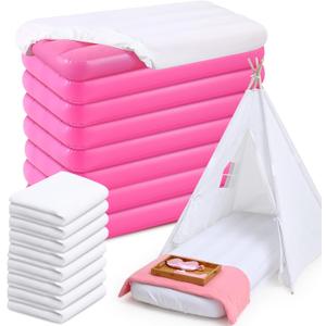 Windyun 8 Sets Kids Air Mattress Bulk with Fitted Sheet,Toddler Inflatable Bed 63 x 27 x 8 Inches Blow up Airbed Camping Sleeping Pad for Aged 3-10 Years Old Birthdays Slumber Sleepover Party (White), About 63 X 27 X 8 Inches