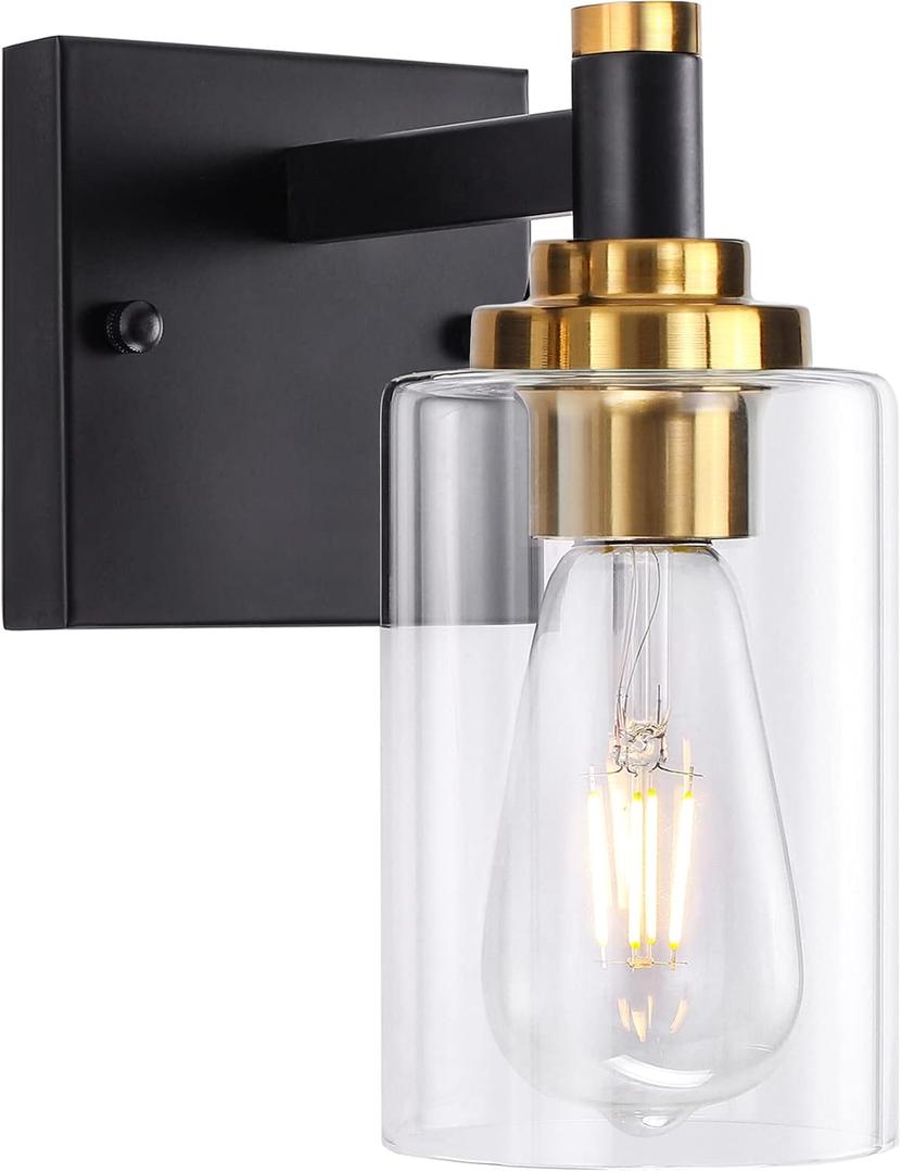 1-Light Wall Sconce Light, Single Bathroom Vanity Light, Farmhouse Black and Gold Bathroom Light Fixtures with Glass Shade, Rustic Wall Lights for Living Room, Bedroom, Hallway, Porch, Bedside, Stair