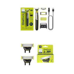 Bundle of Philips Norelco OneBlade 360 Face & Body Hybrid Electric Trimmer and Shaver, QP2834/70 + Philips Norelco Genuine OneBlade 360 Blade Replacement Blades, 2 Count, QP420/80 (Black/Lime Green)