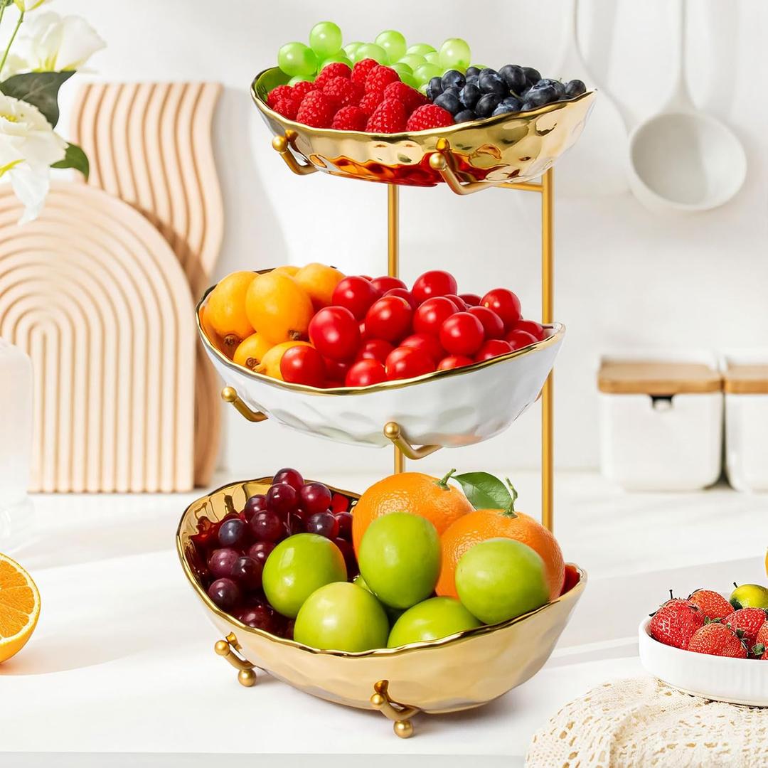Ceramic Fruit Bowl for Kitchen Counter, 3 Tier Fruit Basket with Metal Stand, Tiered Fruit Rack for Countertop, Modern Multi Serving Bowl for Party Dessert, Vegetable, Snack, Small & Cute(Gold) (10.6"L x 7.5"W x 14.2"H) Ceramic Fruit Bowl for Kitchen Counter, 3 Tier Fruit Basket with Metal Stand, Tiered Fruit Rack for Countertop, Modern Multi Serving Bowl for Party Dessert, Vegetable, Snack, Small & Cute(Gold) (10.6"L x 7.5"W x 14.2"H)