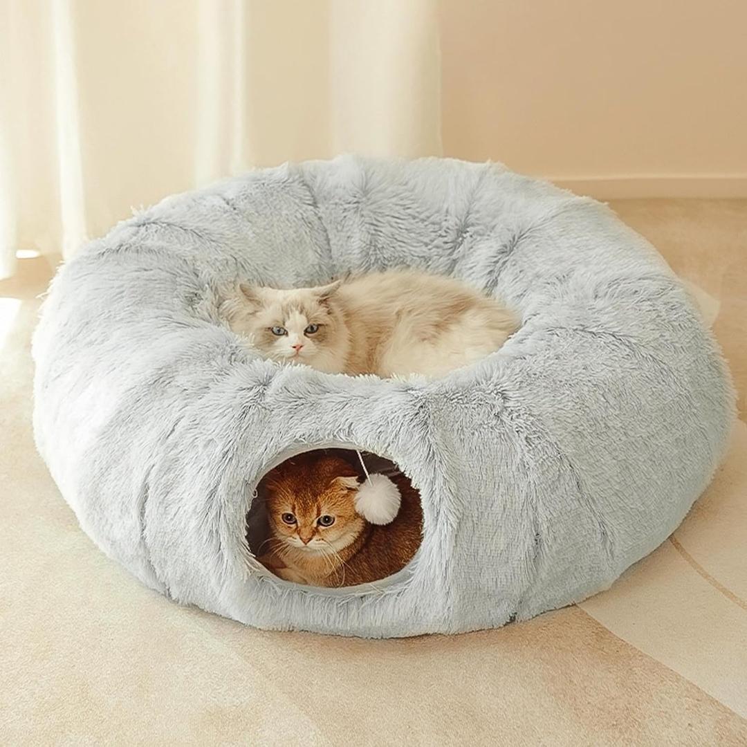 Cat Tunnel, Peekaboo Cat Cave Bed for Indoor Cats Cat Donut Tunnel for Pet Cat House Detachable Round Cat Felt & Washable Interior Cat Play Tunnel (Grey, 32in)