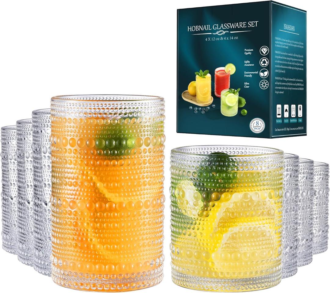 ISMASOAN Vintage Hobnail Drinking Glasses Set of 8, Cocktail Glasses 14 oz and 12 oz, Cups for Kitchen, Beaded Glassware, Highball Glasses for Whiskey, Juice, Water, Beer