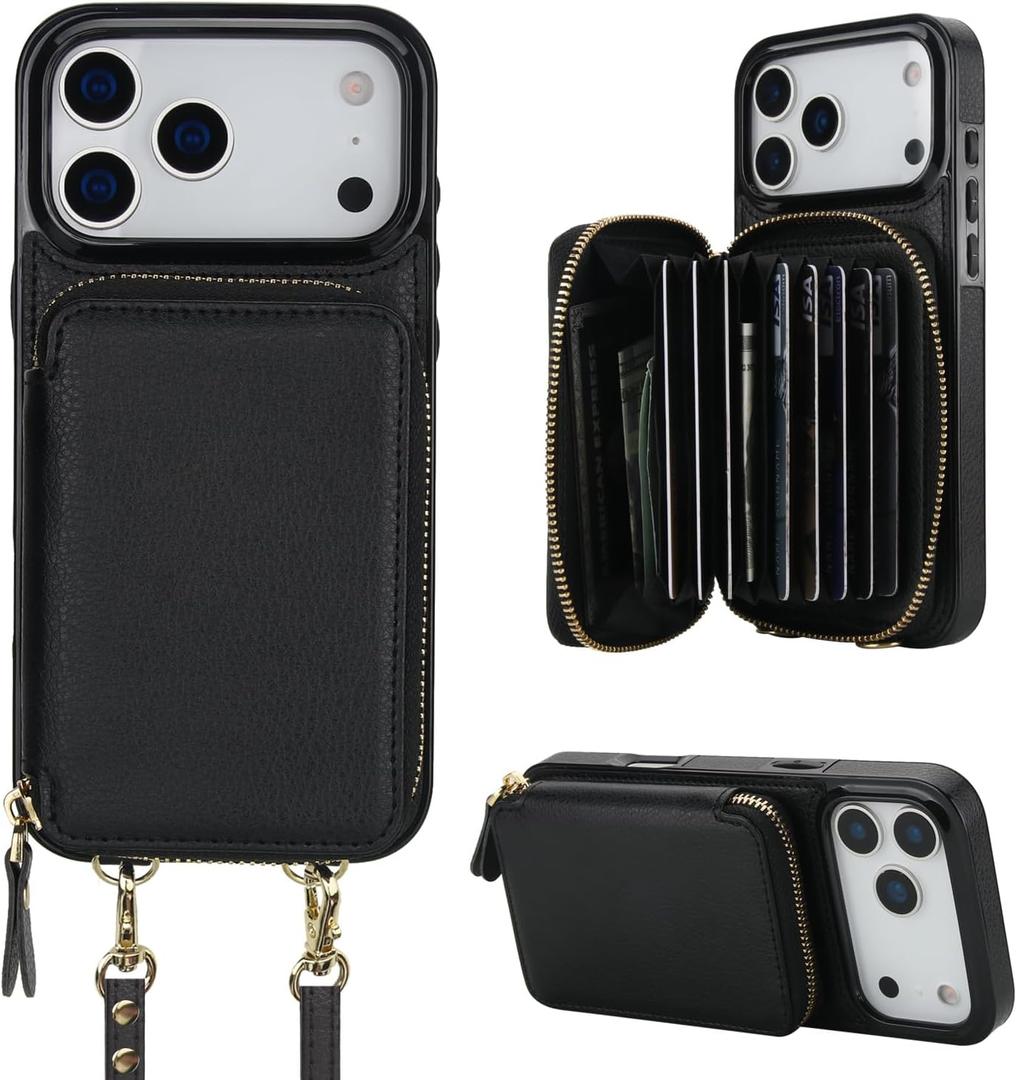 Bocasal Crossbody Wallet Case for iPhone 17 Pro Max, RFID Blocking Leather Purse Case with Card Holder, Protective Handbag Flip Cover with Zipper Wrist Strap Lanyard for Women 5G 6.9 Inch (Black)