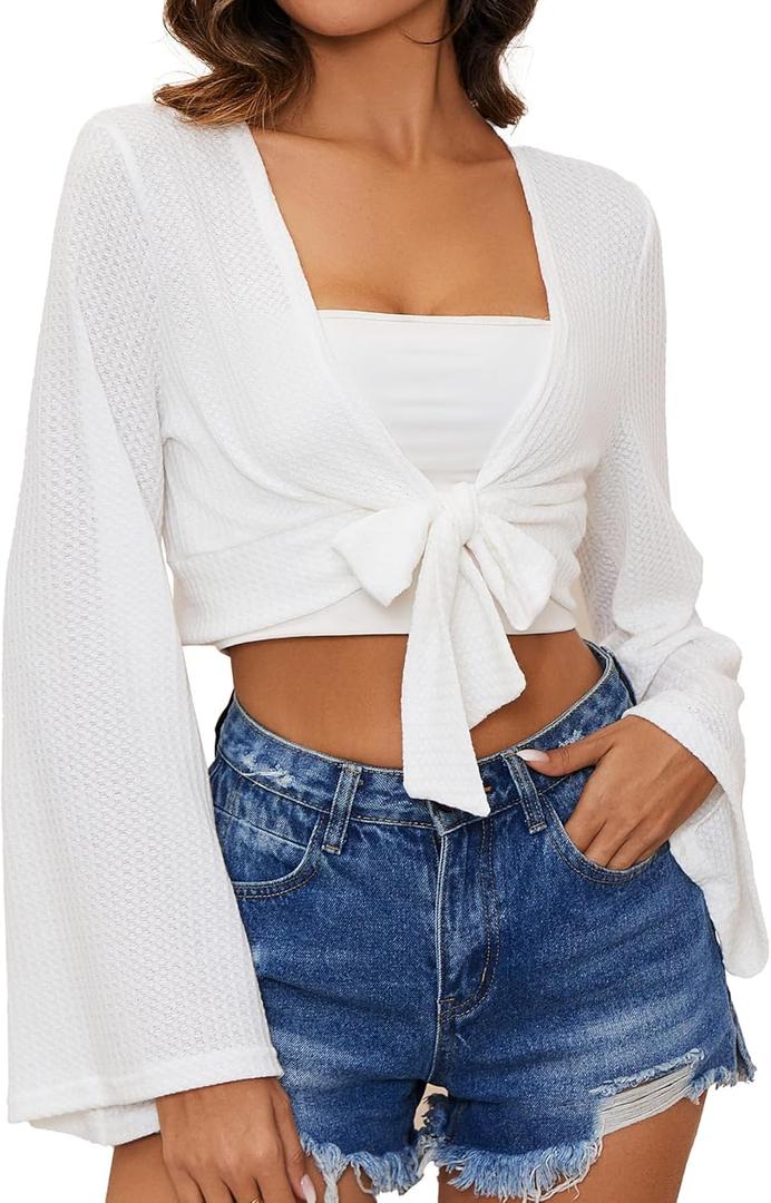 YYA Women's Lightweight Ribbed Cardigan Tie-Front Beach Cover Up with Long Sleeves for Summer Outfits White XXL