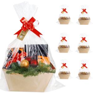 KEVTVEK Bigger Baskets for Gifts Empty, 6 Pack Sturdy Kraft Basket With Handles Gift Basket Kit, 6 Shrink Wrap Bags, 6 Bows and Hang Tag, Empty Gift Baskets to Fill for Mothers Day, Baby Shower