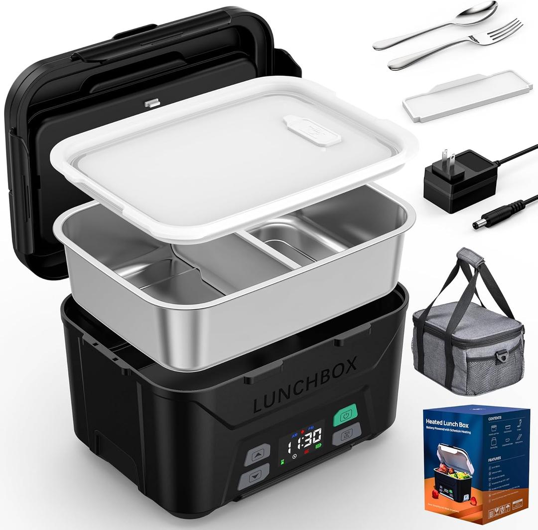 EAST OAK Heated Lunch Box Battery Powered with Automatic Heating, Cordless Heatable Lunchbox for Adults, 1.3L Portable Food Warmer with Insulated Carry Bag