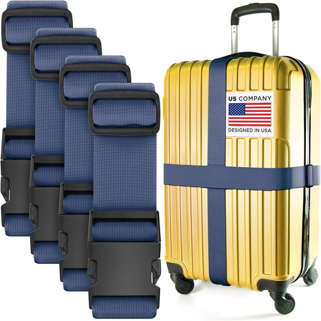 Luggage Straps for Suitcases - TSA Approved - Navy Blue, 4 PK - Premium Nylon Belts for Suitcase, Briefcase & Travel Bag - Adjustable Strap Length 46" - 78"