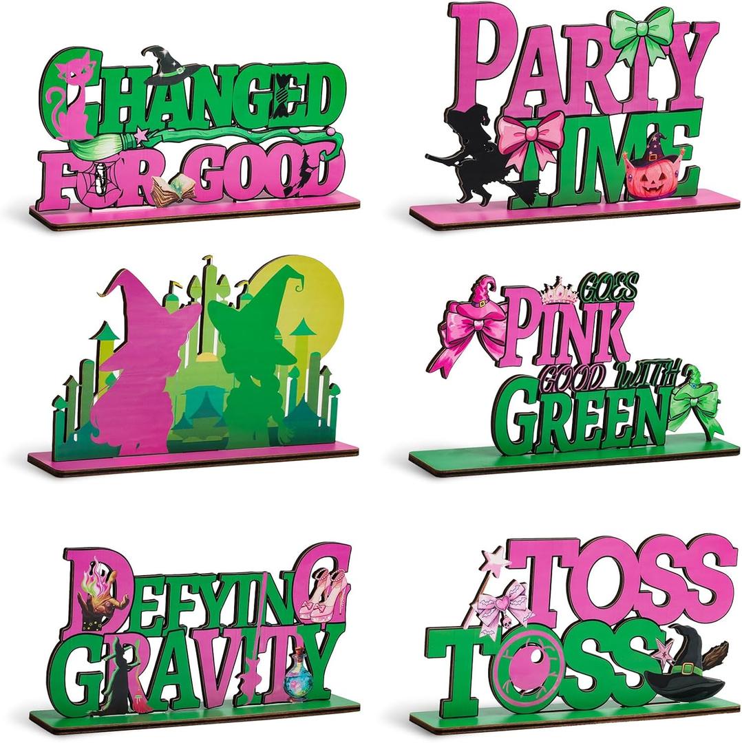 6pcs Witch Wood Table Centerpieces for Birthday Party Table Decorations Pink Green Defying Gravity Changed for Good Toss Toss Table Centerpieces for Girls Witch Theme Birthday Party Table Sign Decors