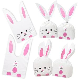 Shindel 100PCS Cute Easter Goodie Bags, 9 x 5.1 Inch Bunny Treat Bags for Cookie Snack Packaging Supplies