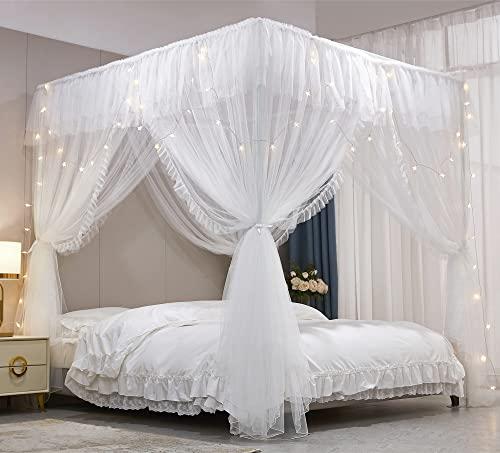 VETHIN 4 Corners Post Ruffle Princess Bed Canopy Curtain-Double Layer Cozy Drape Netting 4 Opening Mosquito Net for Girls Adults Bedroom Decoration (White/White, 78" W*86" L*82"*H/(King))
