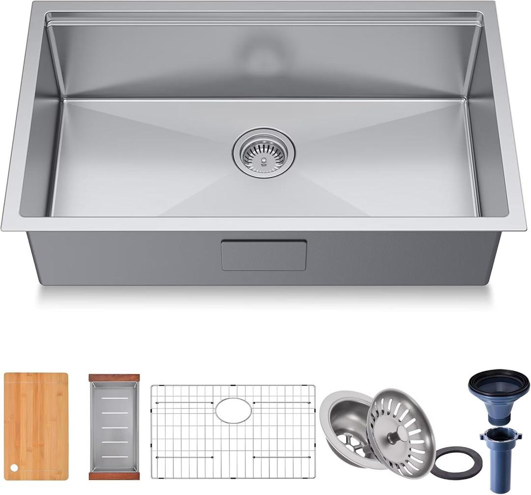 32-Inch Kitchen Sink Handmade Undermount 304 Stainless Steel Single Bowl Kitchen Workstation Sink in 10-inch-Depth 32"x19"x10"