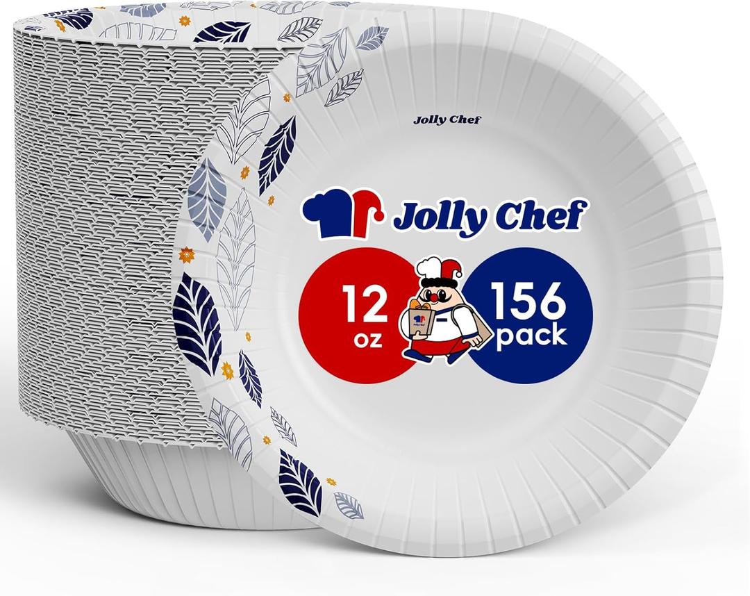 JOLLY CHEF 156 Count Paper Bowls with Leaf Floral Print 12 OZ Disposable Bowls Bulk, Heavy-duty Bowls Perfect for or Parties,Picnics,and Everyday Use