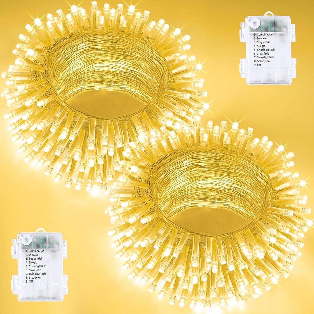 2 Pack String Lights Battery Operated with Timer, 66FT 200 LED Waterproof Battery Twinkle Lights, 8 Modes Fairy Light for Indoor & Outdoor Party Bedroom Porch Tree Christmas Decorations (Warm White)