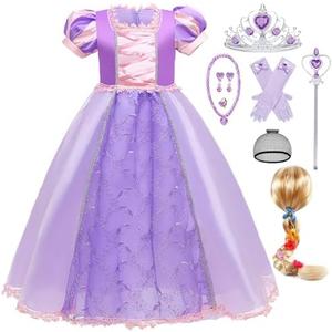 Luzlen Purple Princess Costume for Girls Kids Dress up Outfit with Wig Halloween Birthday Party size 110