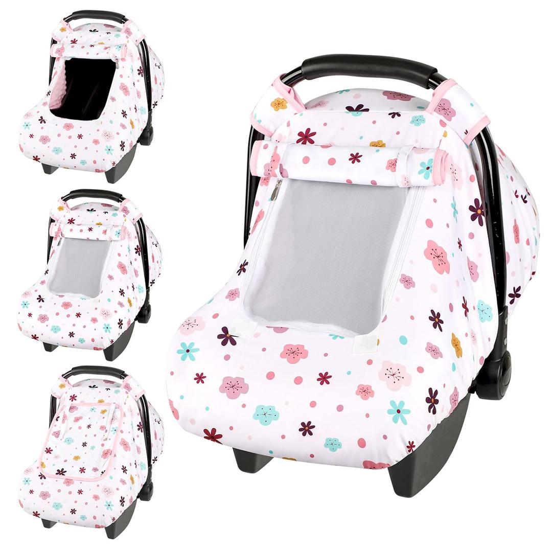 Pea Pod Car Seat Cover Baby, Infant Car Seat Canopy Covers with 2 Layers Windows of Breathable Mesh Fabric, Lightweight Polyester, Soft Minky Dot Backing (Floral Pattern) (Single Zipper)