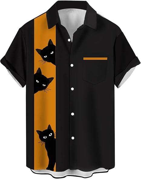 QIVICIMA Cat Shirt for Men Button Down Shirts Loose Fit Tops Short Sleeve Cat Lovers Cute Bowling Shirts Cat Print Tops L