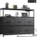 WLIVE Dresser for Bedroom, 5 Drawer Dressers with Charging Station, Fabric Chest of Drawers with Open Shelves, Storage Dresser for Living Room, Closet, Entryway, Charcoal Black Wood Grain Print