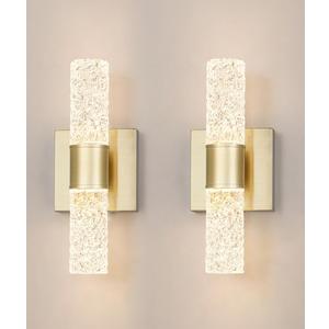 Crystal LED Wall Sconces Set of 2, Brushed Gold Bathroom Light Fixtures, Modern Bathroom Sconce Lights with Wired LED for Bedroom, Living Room, Hallway | Gold Vanity Wall Lighting & Crystal Wall Decor