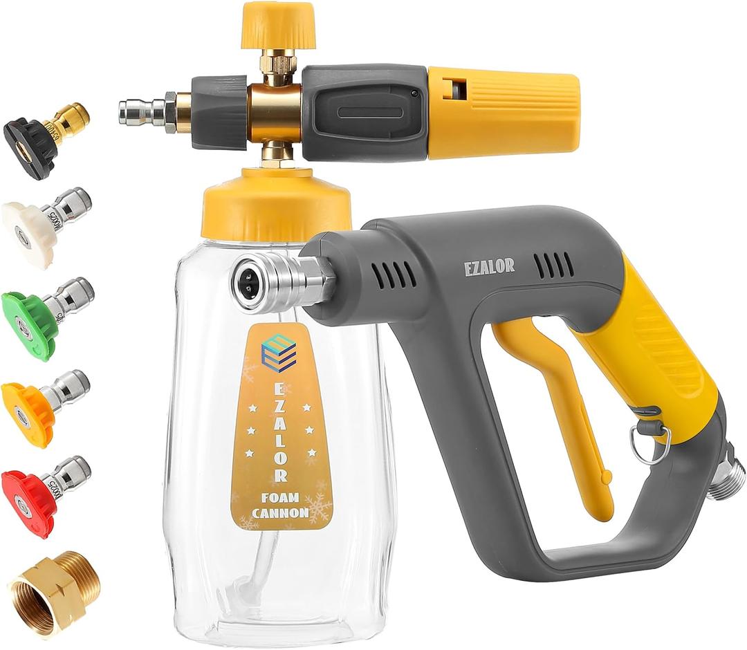Short Pressure Washer Gun with Foam Cannon, High Power Washer Gun Snow Foam Lance with 5 Power Washer Nozzle Tips, 1/4 Inch Quick Connector, 4000 PSI, 1 Liter