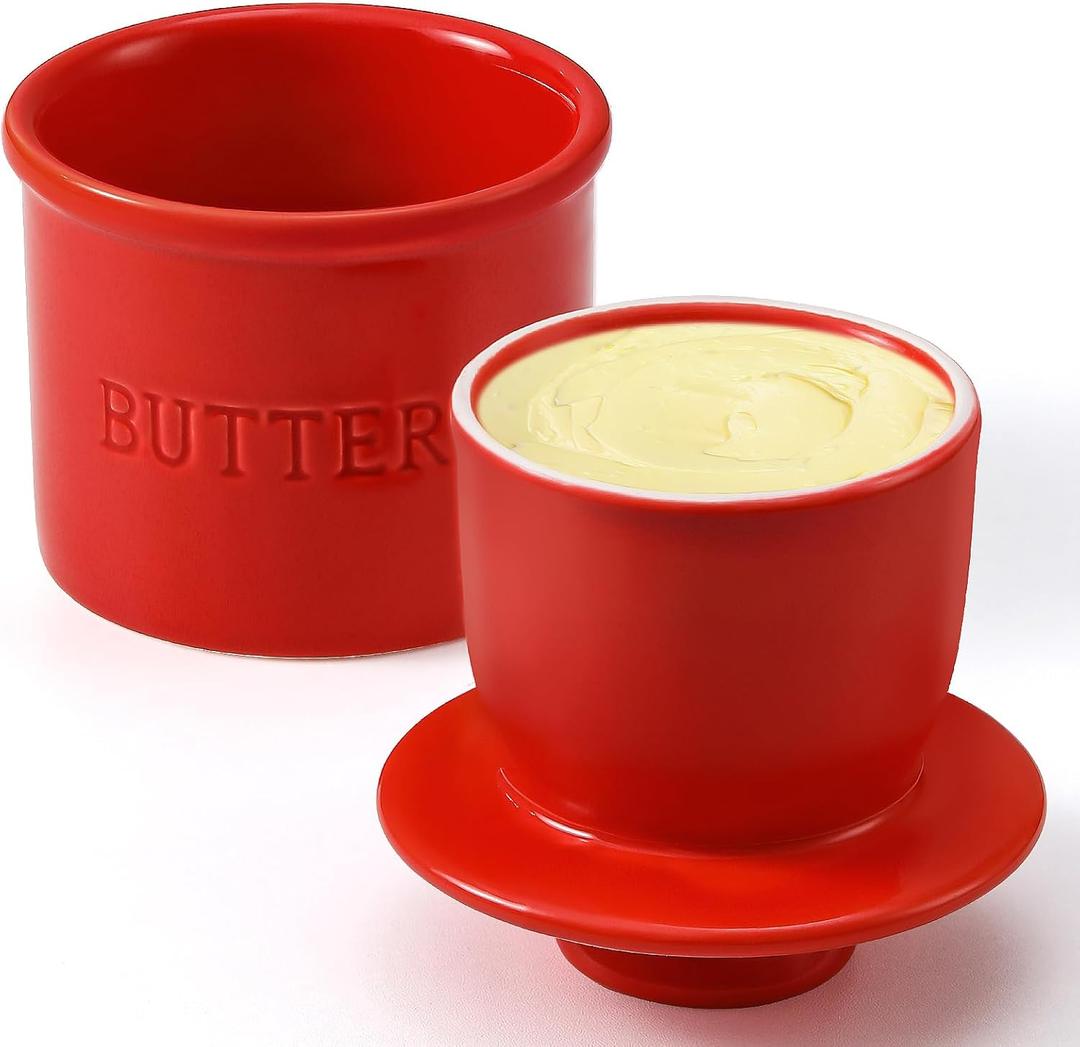 Butter Crock with Lid for Countertop - Ceramic French Butter Dish for Spreadable Soft Butter, Butter Container Holder with a Water Seal, Housewarming Gift, Kitchen and Home Decor, Red