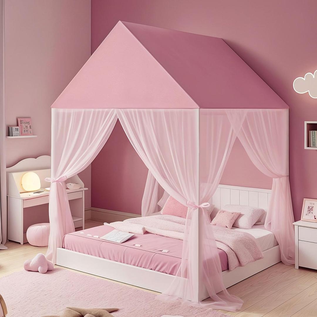 ZRVTM Princess Bed Canopy for Girls  Pink Bed Canopy Princess Castle Dreamy Playhouse Mosquito Net Reading Nook Canopies Play Tent Canopy Bed Curtains for Kids Room(Twin,Pink)