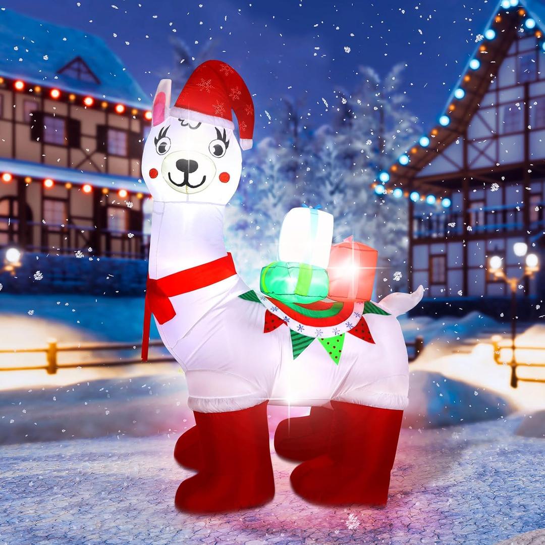 Hiboom 6 ft Tall Christmas Llama Inflatable with Built in LEDs Alpaca Christmas Inflatable Decoration with Xmas Hat and Gift Box Xmas Blow up Decor for Holiday Party Outdoor Yard Garden Lawn Decor
