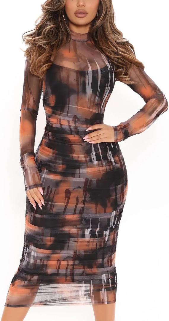 MOEENCN Sexy Long Sleeve Midi Dress for Women Sheer Mesh Printed 2 Piece Skirt Set Crew Neck Bodycon Party Clubwear Dresses (Medium, Orange(buy One Size Smaller))