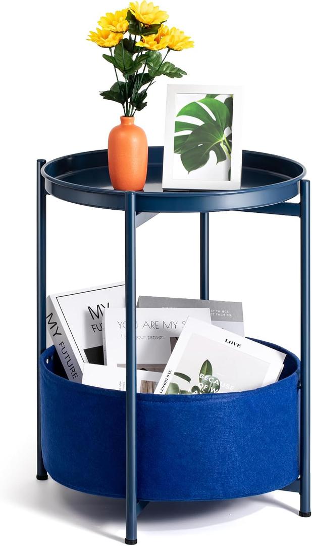Round Side Table, White End Table with Storage Basket, Metal Night Stand with Removable Tray, Small Bedside Table for Living Room, Bedroom, Nursery (Blue), 17 inches x 17 inches x 20.5 inches