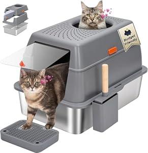 Stainless Steel Cat Litter Box: Enclosed Cat Litter Boxes with Lid - Extra Large Metal Kitty Litterbox with High Sides Top Entry XL Litter Pan Tray for Big Cats Anti-Leakage (Obsidian)