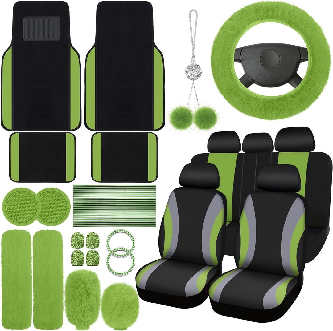 ROCEEI 47 Pcs Car Seat Cover Full Set Car Accessories for Front Rear Seat Fluffy Steering Wheel Cover Belt Automotive Floor Mats Air Conditioner Decoration Strip(Green)
