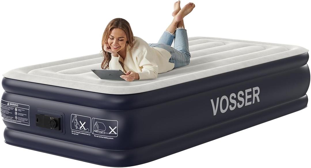 VOSSER Twin XL Air Mattress with Built in Pump Raised,80" Long,Upgraded 18''Inflatable Mattress,Self Inflatable Blow Up Mattress in 2 Mins,Twin Size Air Mattress with Carry Bag for Home,Camping, Blue, Twin 18 inch
