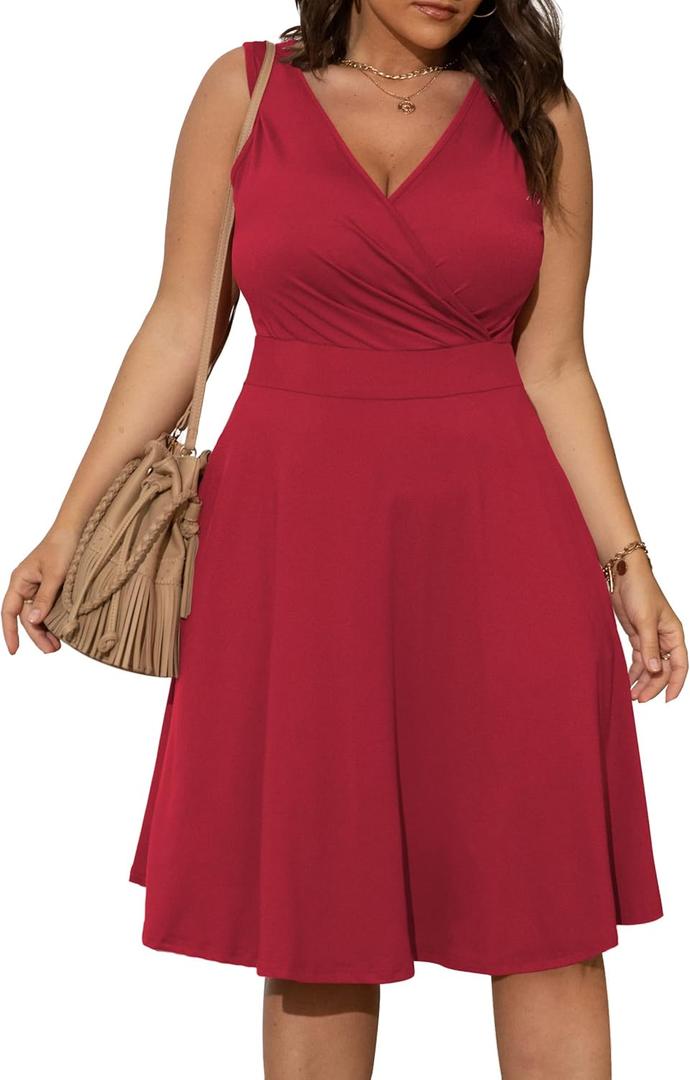 POSESHE Womens Plus Size Dresses Sleeveless Wrap V-Neck Sundress Casual Summer Wedding Guest Cocktail Dress with Pockets (XX-Large Plus, 06-dark Red)