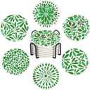 Drink Absorbent Coasters with Holder Set of 6, Ceramic Stone with Cork Base, Modern Green Abstract Geometric Coaster for Drinks, Gift for Housewarming Room Bar Home Decor Kitchen (Round)