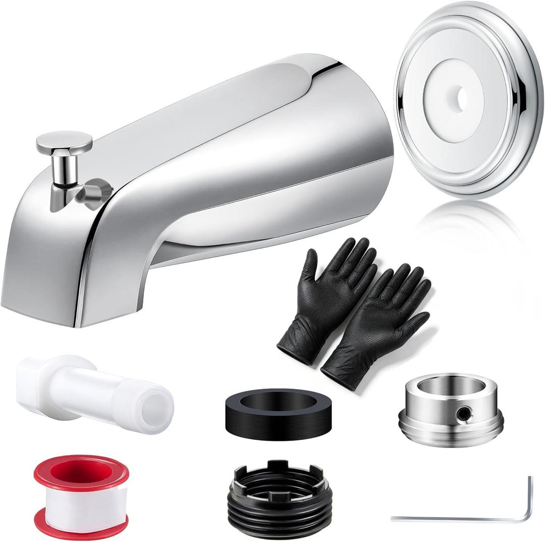Universal Bathtub Tub Spout w/Diverter (Chrome), 1/2" Slip-Fit Copper Pipe, 1/2" 3/4" IPS Thread, Tub Faucet Replacement Kit with Adapters, PTFE Tape, Hex Wrench & Black Gloves