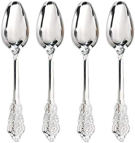 WDF 100 Piece Silver Plastic Spoons Disposable - 6.93 Inch Baroque Silver Silverware for Dessert Cake - Heavy Duty Plastic Spoons for Party Wedding Daily Using Baby Shower Spring