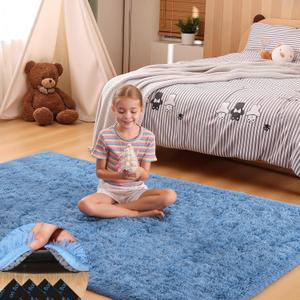 4x6 Blue Rugs for Bedroom Living Room, Fluffy Small Area Rug Soft Shag Carpet for Kids Boys and Girls Room with 4 Rugs Non-Slip Stickers Dorm Home Decor (4ft x 6ft)