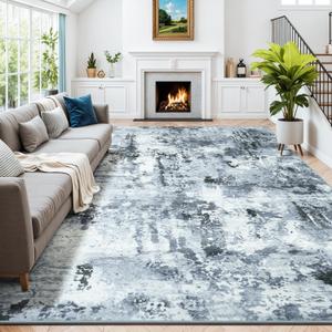 Washable Rugs 9x12, Modern Grey Large Area Rug for Living Room, Abstract Soft Indoor Non-Slip Floor Carpet for Bedroom Kids Room Classroom Home Decor