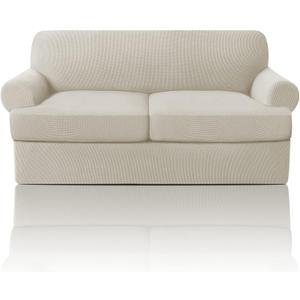 PrinceDeco T Cushion Loveseat Slipcover 3 Pieces Sofa Covers for T Cushion Sofa Stretch Slip Covers for 2 Cushion Couch with 2 Individual T Shape Seat Covers Width Up to 76", Island Fossi