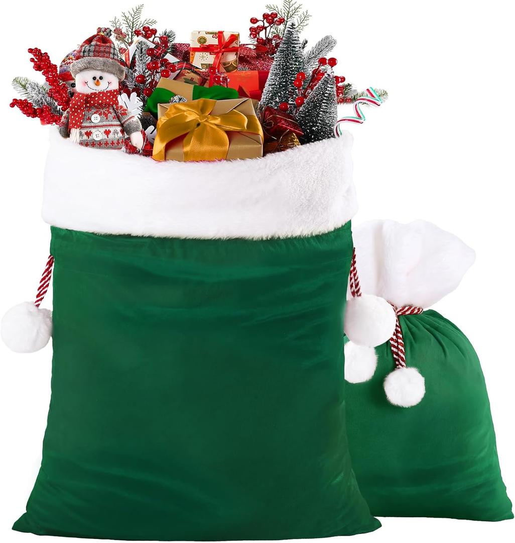 DIYDEC 2pcs Christmas Velvet Santa Bags with Drawstring Christmas Green Gift Santa Bags Large Gift Sack for Xmas Present Party Supply Costume Holiday Wrapping