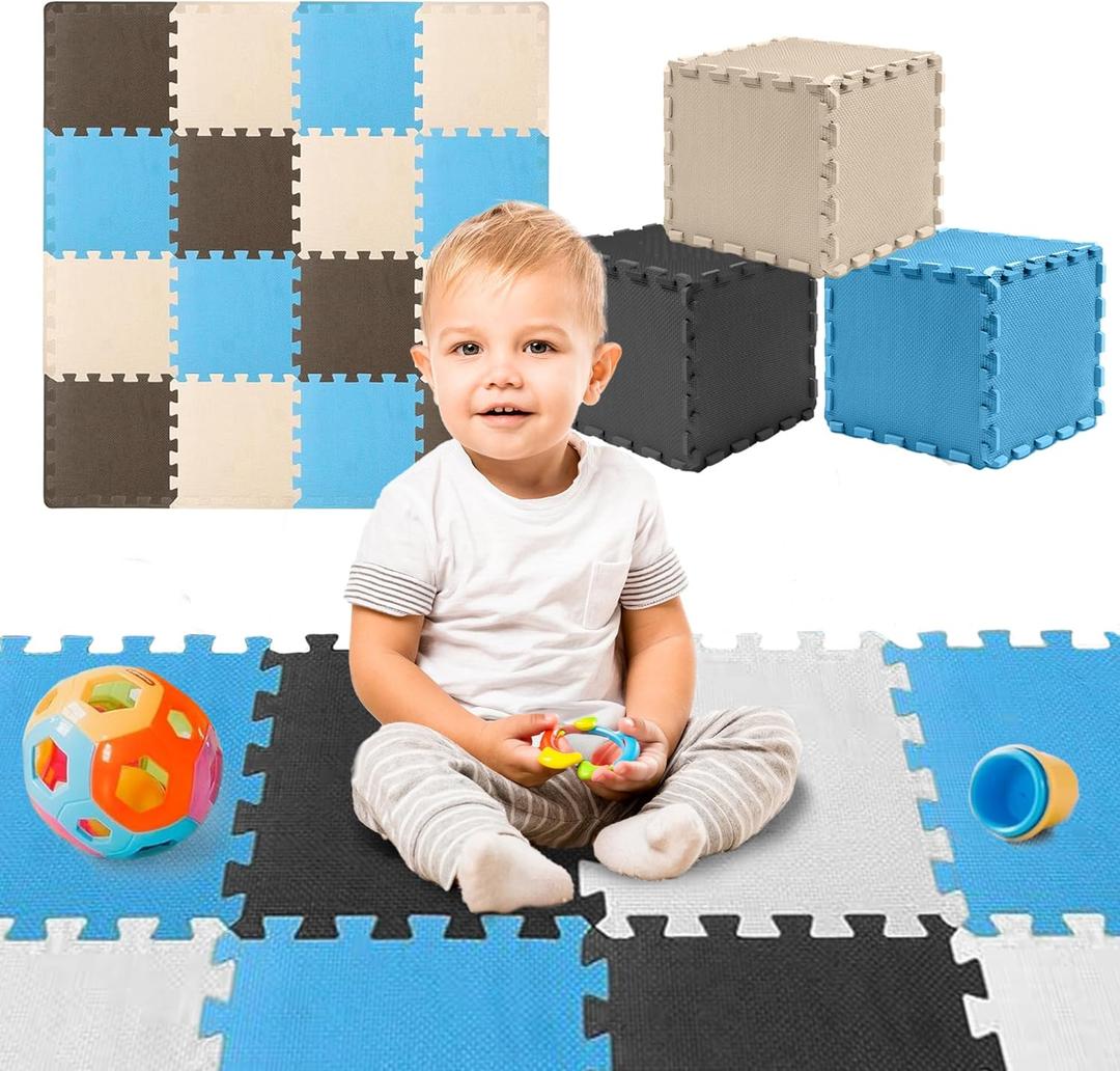 TOYVELT Ultimate Foam Play Mat Set 12x12-16 Interlocking Floor Tiles for Kids - Colorful Foam Puzzle Mats - Safe and Durable Kids Floor Mats - Ideal Play Mat for Toddlers 1-3 - Tiles Non Toxic (Blue-brown-beige)