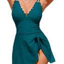 Charmo One Piece Swimdress Swimsuits for Women Scalloped Tummy Control Swim Dress Tie Knot Skirt Bathing Suit (X-Large, Strong Blue)