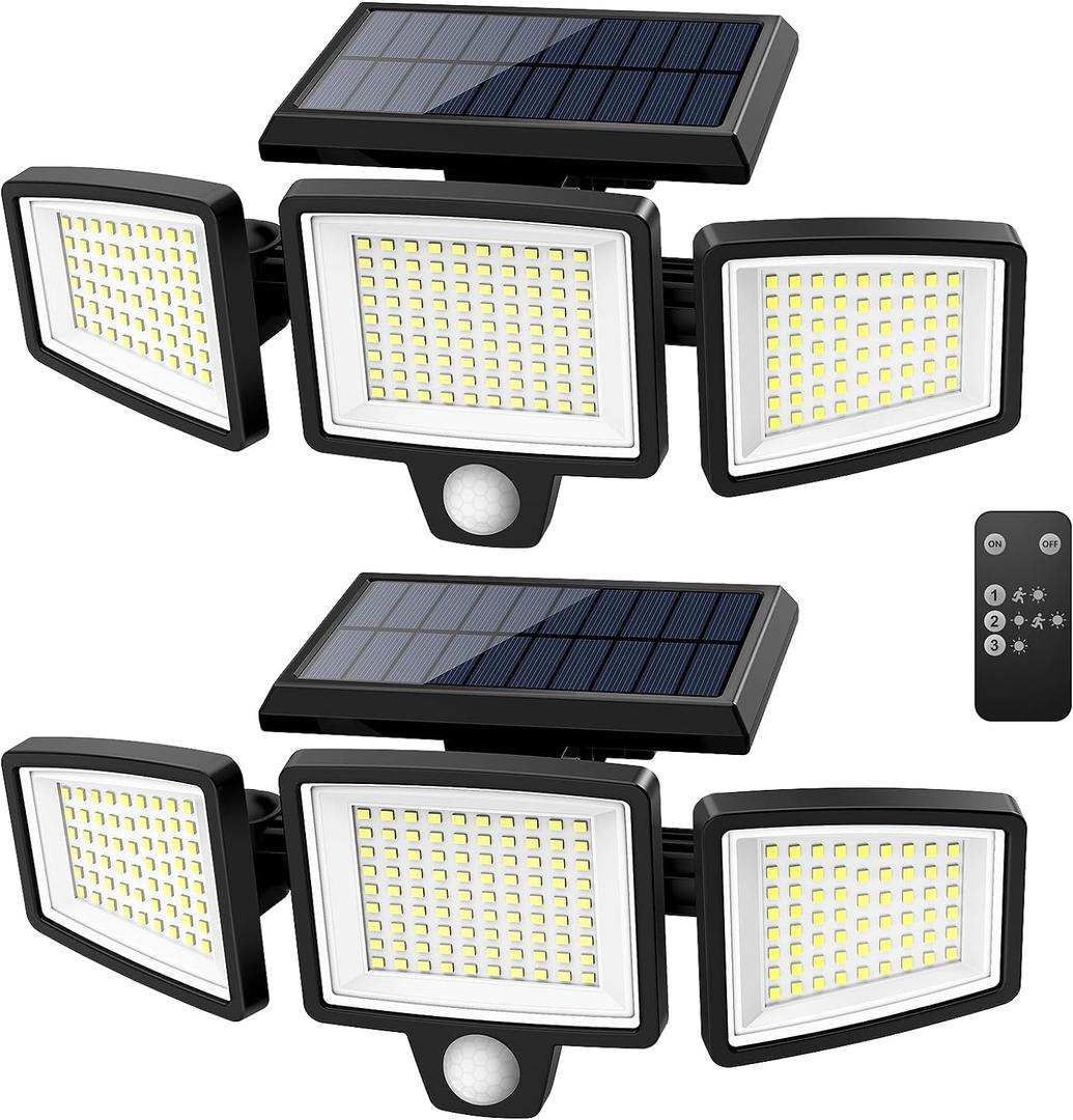Tuffenough Solar Outdoor Lights 2500LM 210 LED Security Lights with Remote Control,3 Heads Motion Sensor Lights, IP65 Waterproof,270 Wide Angle Flood Wall Lights with 3 Modes(2 Packs)