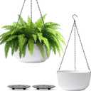 T4U 10 Inch Hanging Planters for Indoor Plants, 2 Pack White Self Watering Hanging Plant Pot, Hanging Pots Set with Drainage Hole & Plug & Chain with 3 Hooks for Garden Home Decor