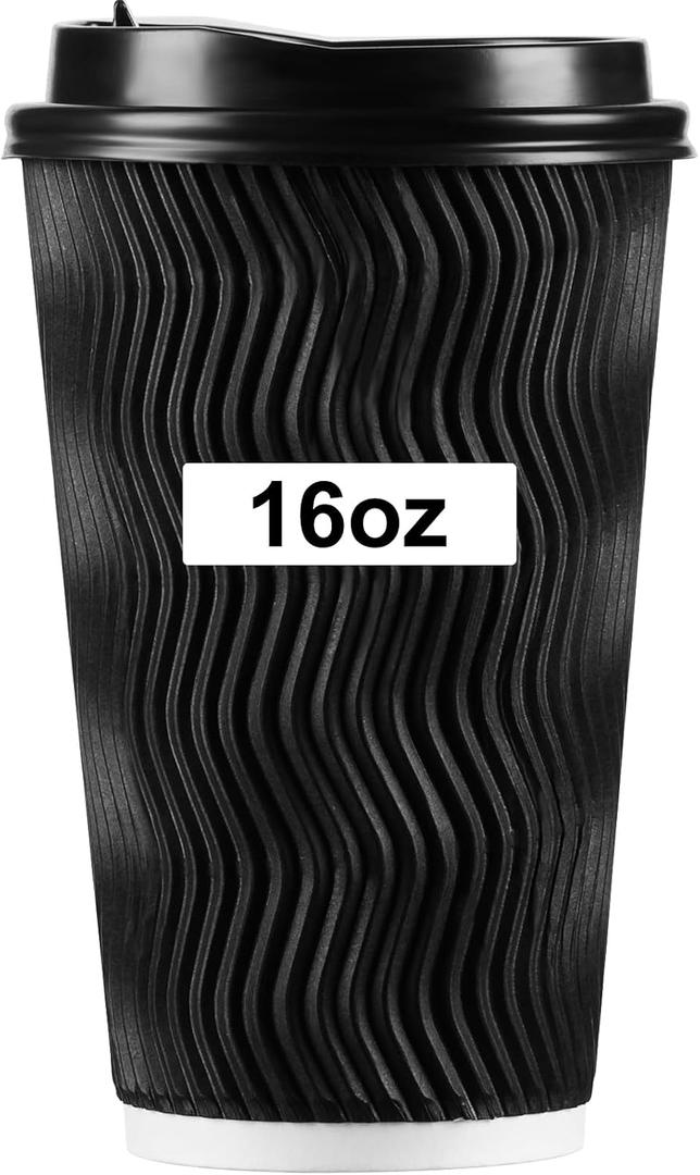 PARACITY 16oz Insulated Ripple Double-Walled Disposable Cups with Lids - 50Pack for Beverages, Espresso, Tea, Parties and Travel, 3.54 inches x 5.39 inches