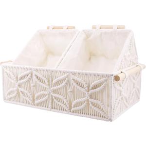 YAHUAN Macrame Storage Baskets with Wood Handles Handmade Woven Boho Decor Box for Organizing on Shelf Cabinet Countertop - Set of 3 (White)