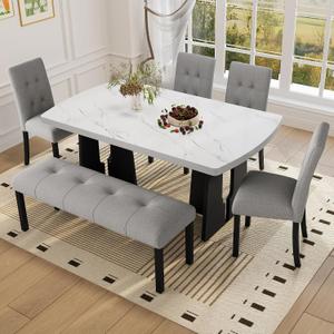 Merax 6-Piece Dining Table Set for 6, Modern Faux Marble Oval Kitchen Tabletop with Four Upholstered Chairs and One Bench for Dining, Living Room, Kitchen, Easy Assembly, White+ Gray