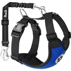 SlowTon Dog Seat Belt Harness for Car, Dog Car Harness Adjustable Mesh Breathable & Dog Seatbelt Safety Tether with Elastic Bungee for Small Medium Large Pets(Blue, Double Clip, L)