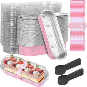 Mini Loaf Pans with Lids, 50 Pack Mini Cake Pans with Lids and Spoons, 6.8 Oz Disposable Aluminum Foil Baking Pans Tins Containers for Cheesecake, Holiday Bake, Bread (Pink)
