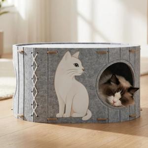2-in-1 Large Cat House for Indoor Cats, Felt Cat Cave with Cushion, Dual Entrances & Sisal Ball Toy, Enclosed Bed for Large Cats or Multi-Cat Use, Supports 88 lbs