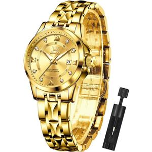 OLEVS Watch Women,Watches for Women,Luxury Casual Stainless Steel Women's Wrist Watches Classic Small Face Dress Analog Womens Watches with Date Easy to Read Waterproof Luminous Quartz Ladies Watches (2906-Gold)